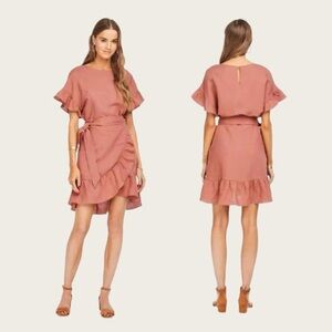 ASTR The Label, Linen Ruffle Wrap Dress, Coral, Size S